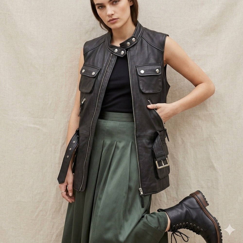 INC International Concept Black Leather Belted Moto Vest Medium Utility Gorpcore